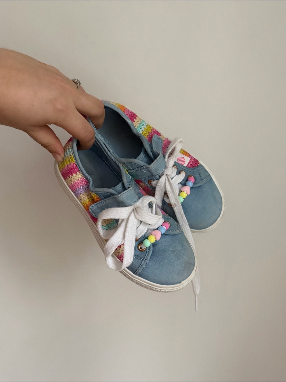 Justice Kids Chambray Sneakers with Rainbow Knit Heel & Beads (Size 13)